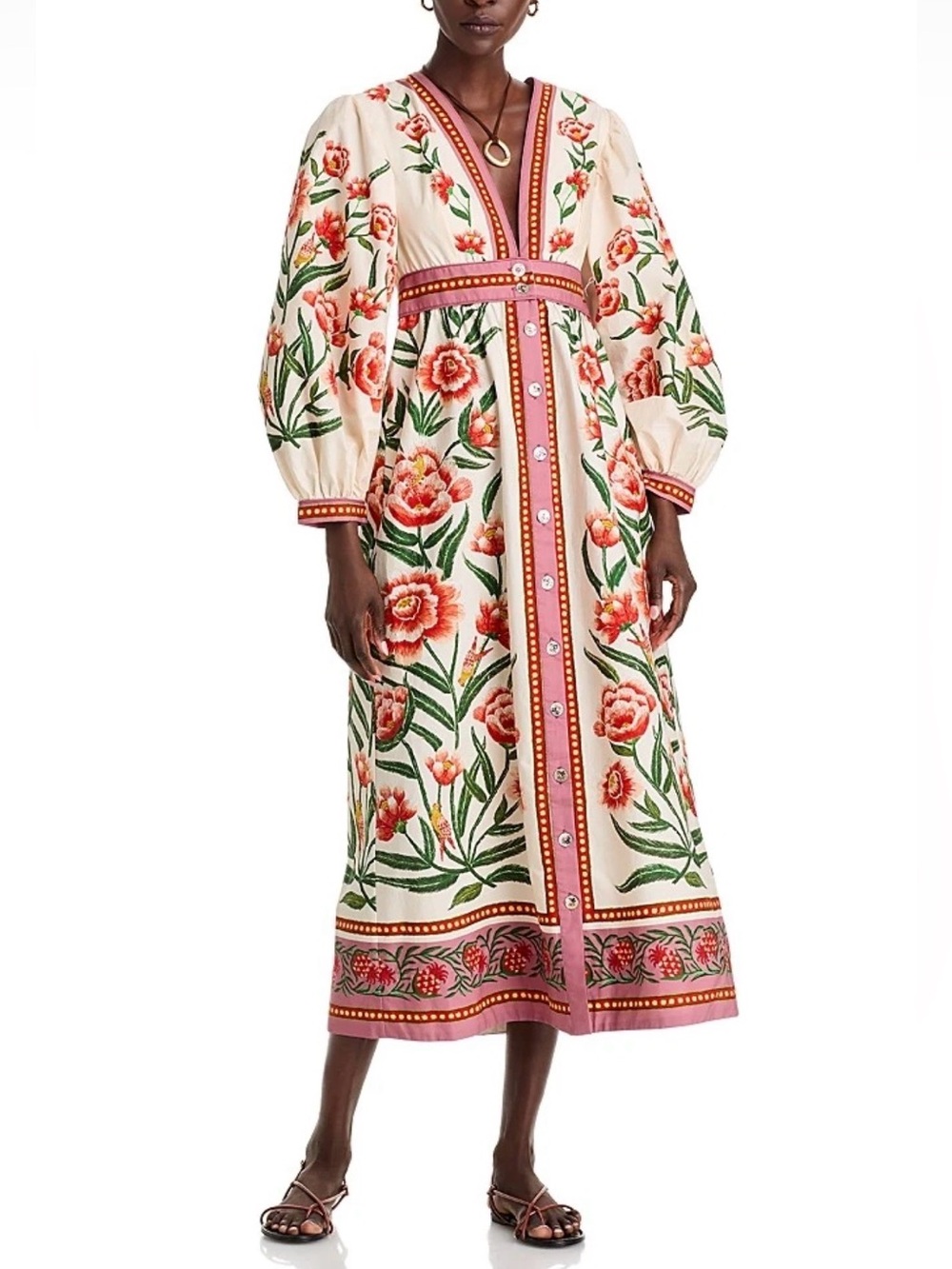 FARM RIO Ainika Off-White Flora Tapestry Maxi Dress SZ XS Embroidered V-Neck